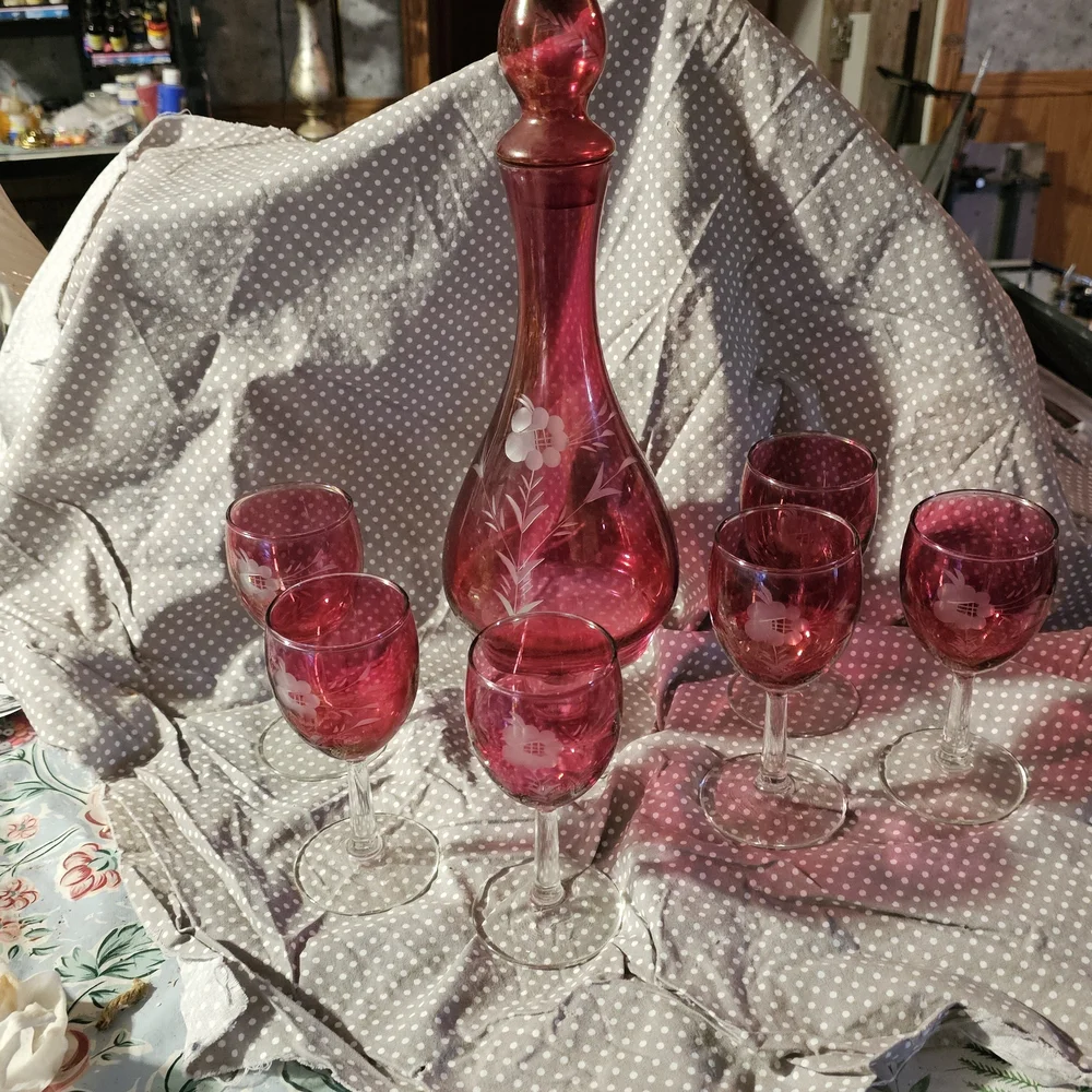 Ruby Red Etched Glass Decanter Set - 6 Stemmed Glasses